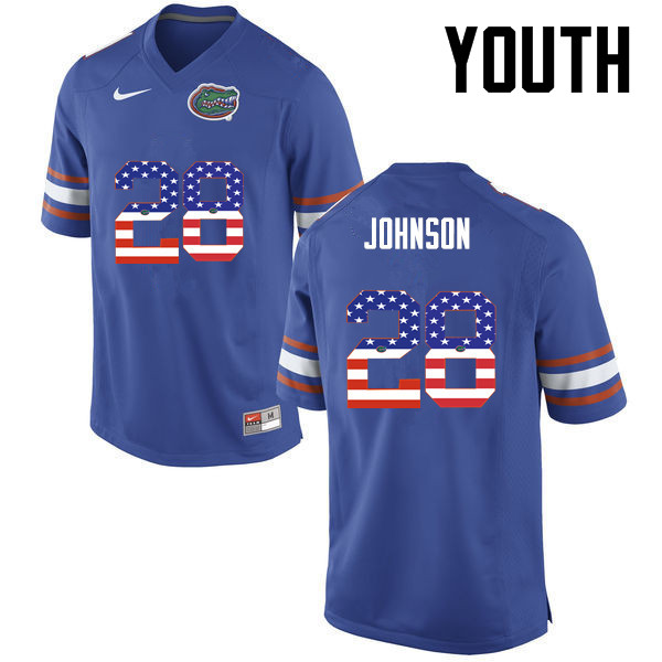 Youth Florida Gators #28 Kylan Johnson College Football USA Flag Fashion Jerseys-Blue - Click Image to Close